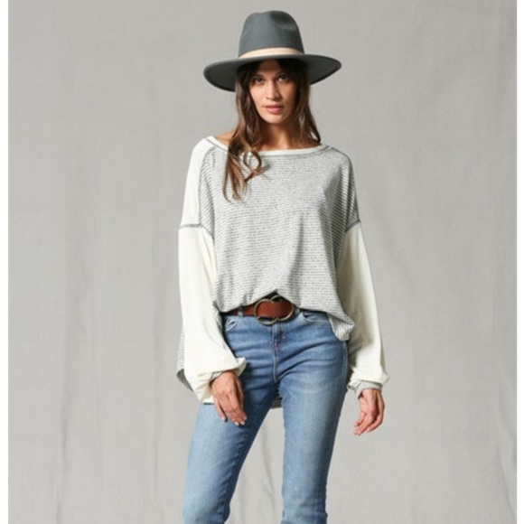 By Together Lori Two Tones Top Grey and Cream Stripped Size Medium - Picture 2 of 11